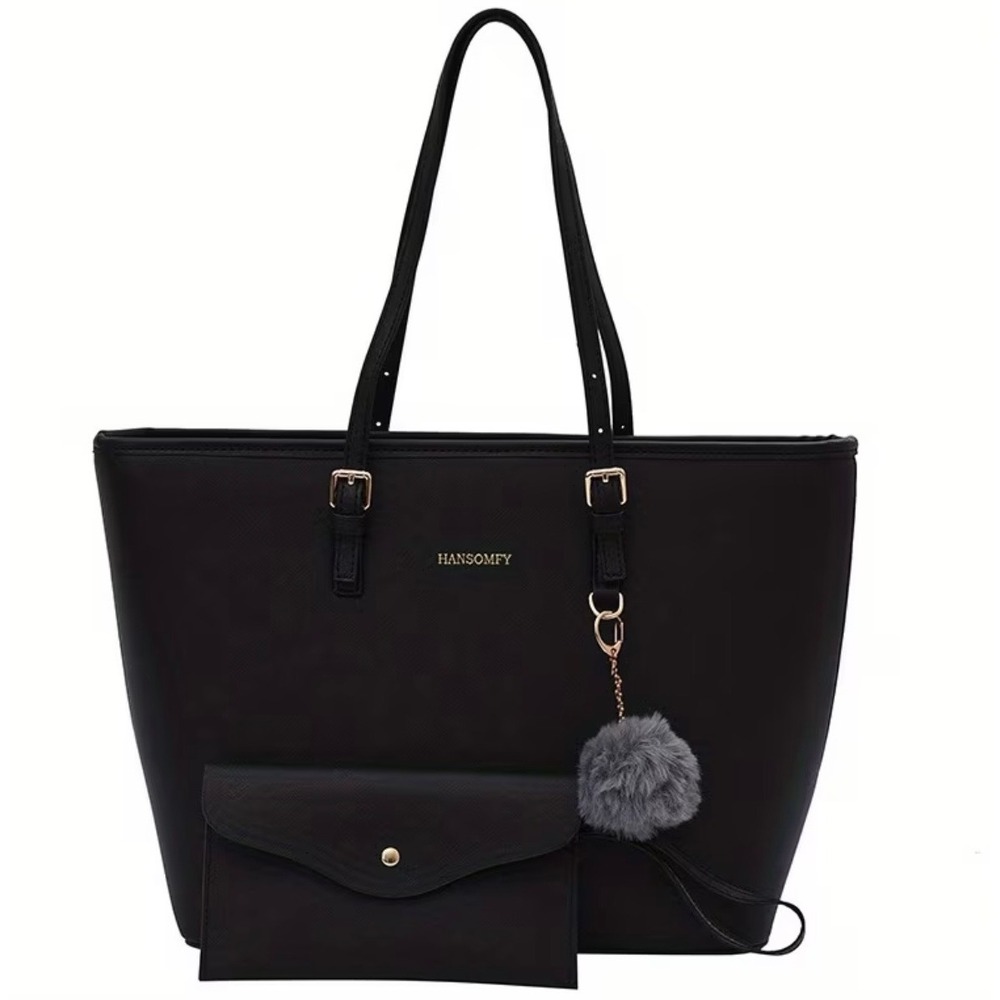Hansomfy Black Saffiano Tote Bag with Matching Wristlet and Pom Pom Charm‎
